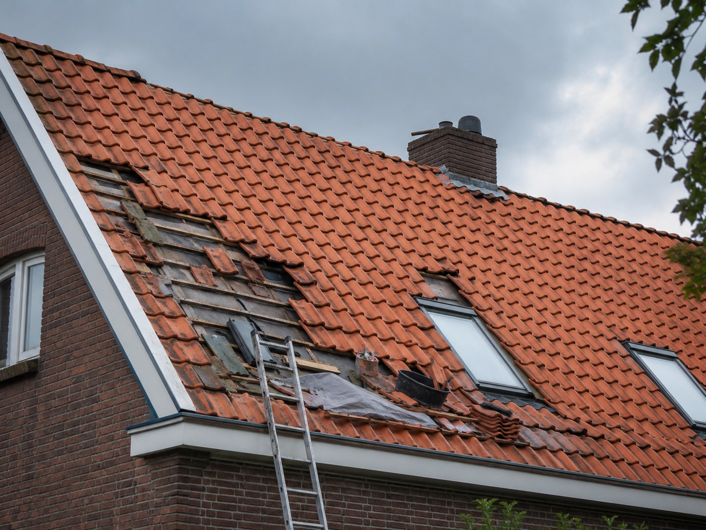 Door storm beschadigd rood pannendak met ontbrekende pannen en ladder